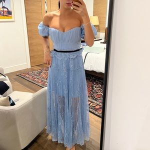 Self-Portrait Off Shoulder Floral Scallop Dress Blue Midi